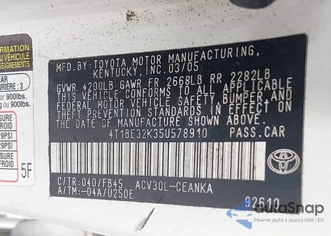 2005 Toyota Camry Le from USA, damaged, VIN 4T1BE32K35U578910